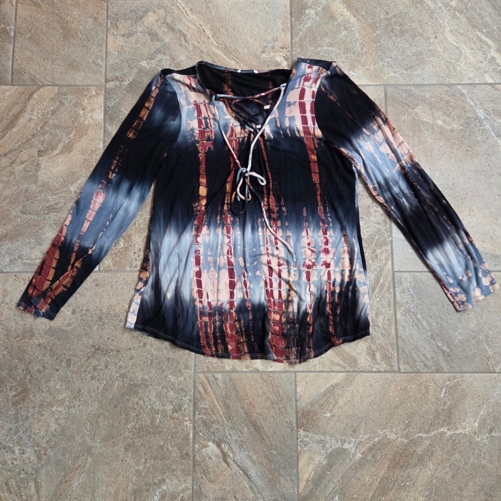 Womens Tie Dye Lace Up Long Sleeve Tunic Top Shirt Made in USA L Boho